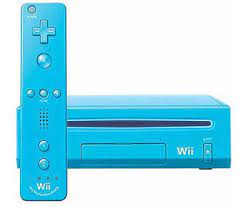 WII: CONSOLE - NOT BACKWARDS COMPATIBLE - SKY BLUE - 1 CTRL; HOOKUPS (USED)